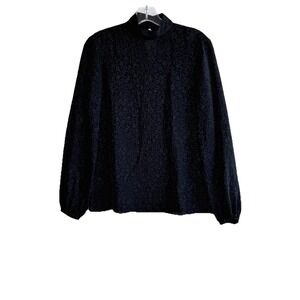 Theory Black 100% Silk Long Sleeve Mock Neck Jacquard Blouse Womens Size P